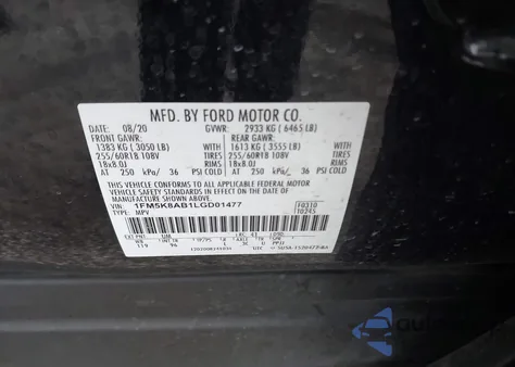 2020 Ford Police Interceptor Utility z USA, uszkodzony, nr VIN 1FM5K8AB1LGD01477